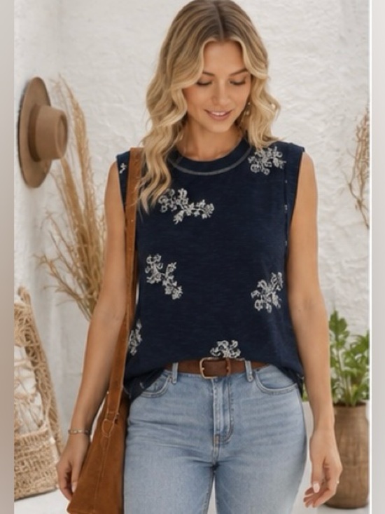 Tops - Pilcro Anthropologie Floral Slub Muscle Tank Top Navy Blue XS